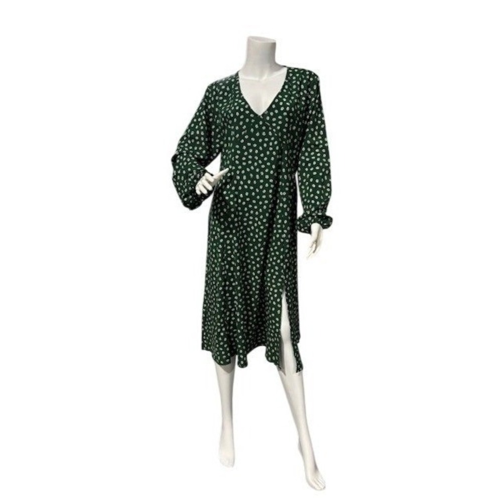 Green Floral V-Neck Midi Dress Long Sleeve Side Slit Casual A-Line Large‎